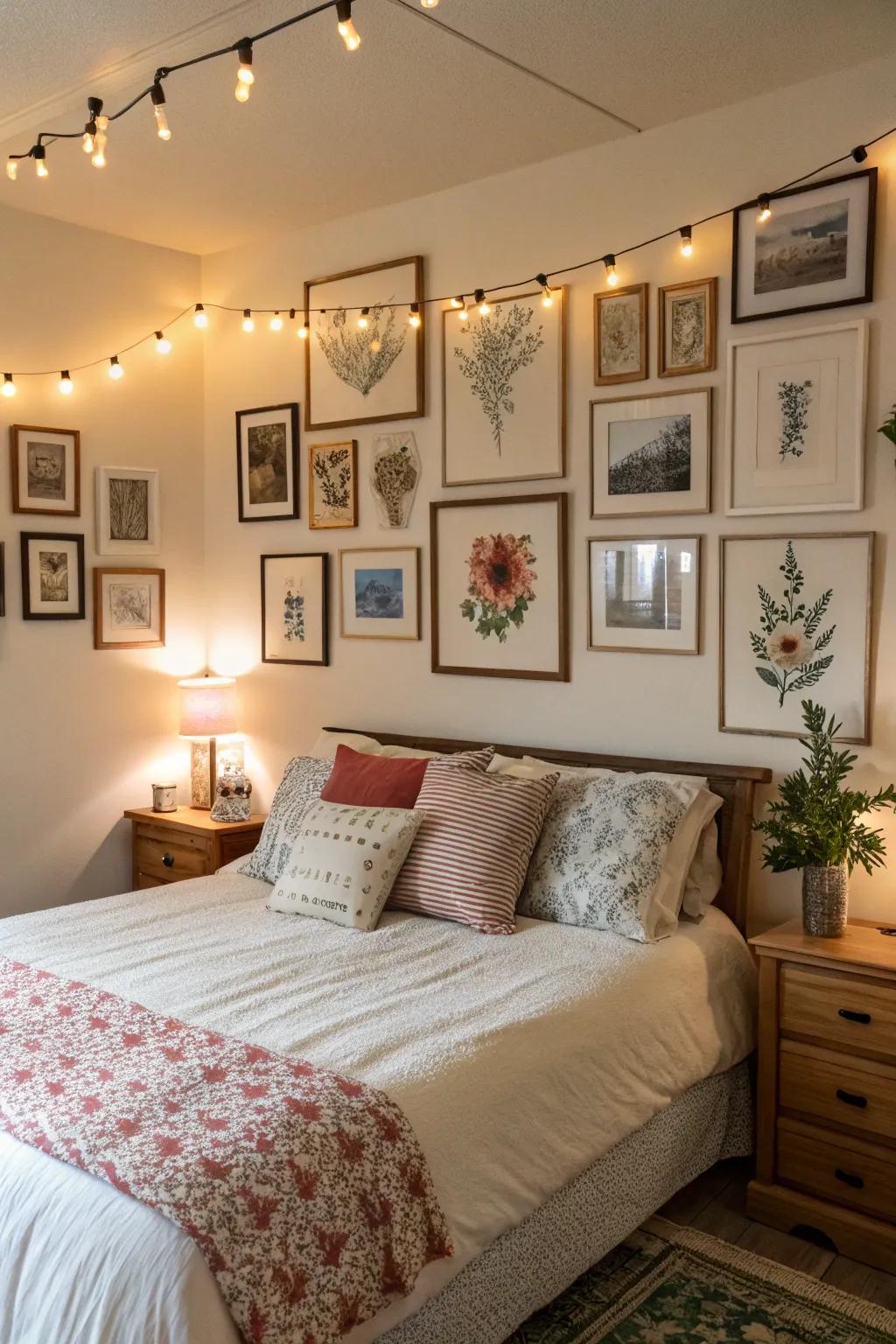 A gallery wall infuses personal style and warmth into the bedroom decor.