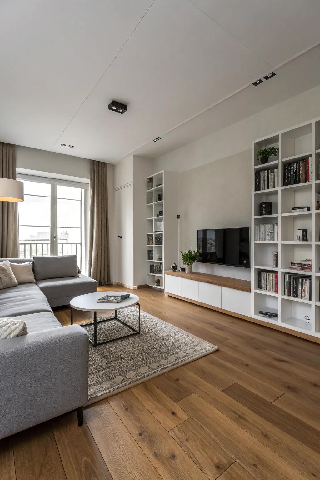 A minimalist living room that highlights the beauty of oak flooring.