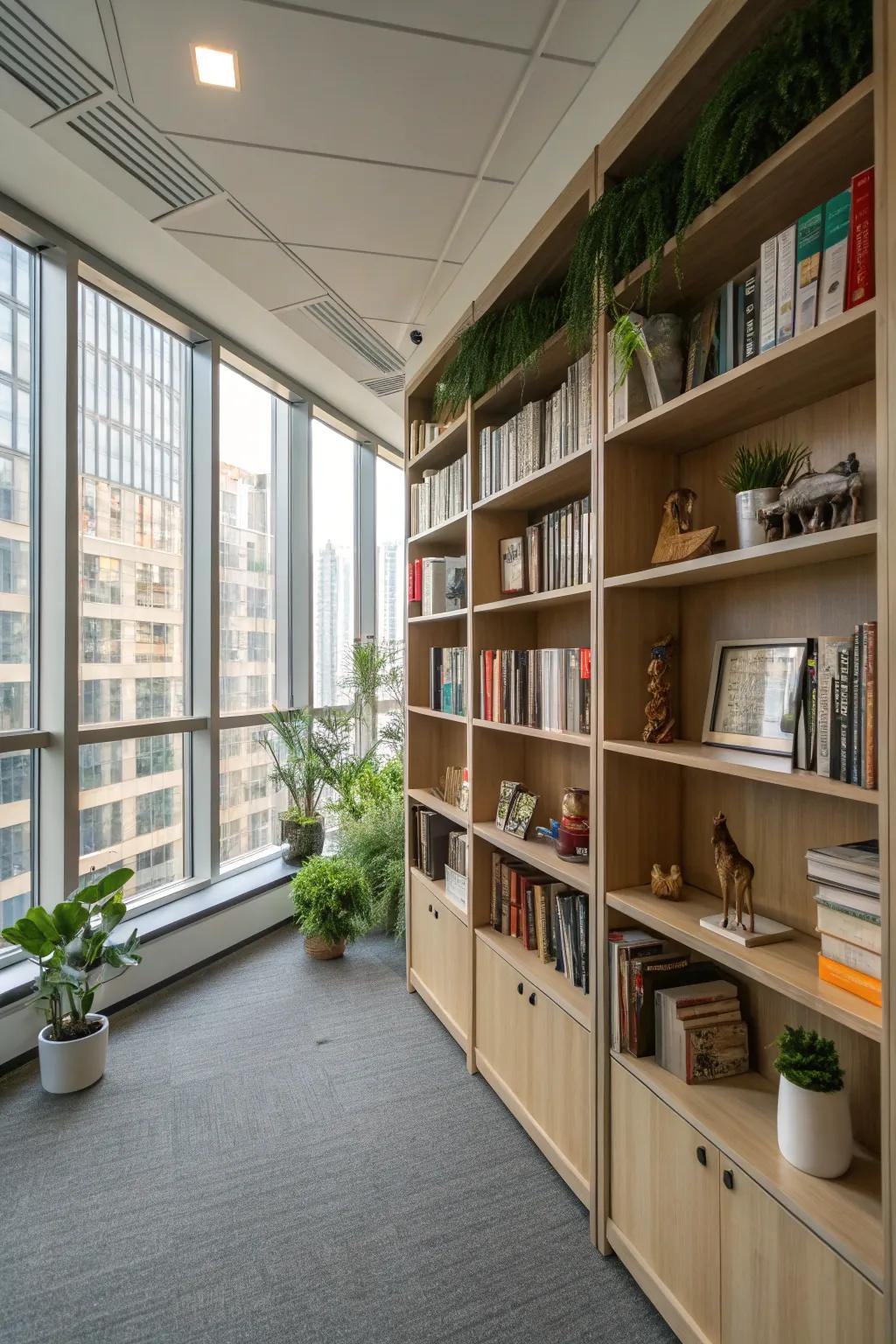 Expansive floor-to-ceiling book storage units offer significant storage space and introduce a hint of sophistication to any office reading room.