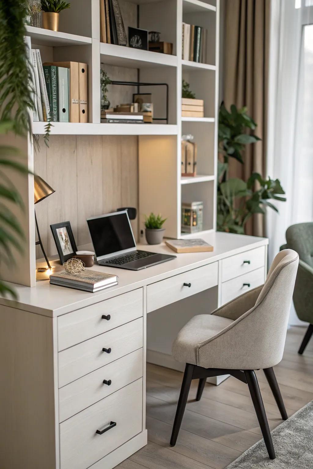 A multi-functional desk offering both workspace and storage solutions.