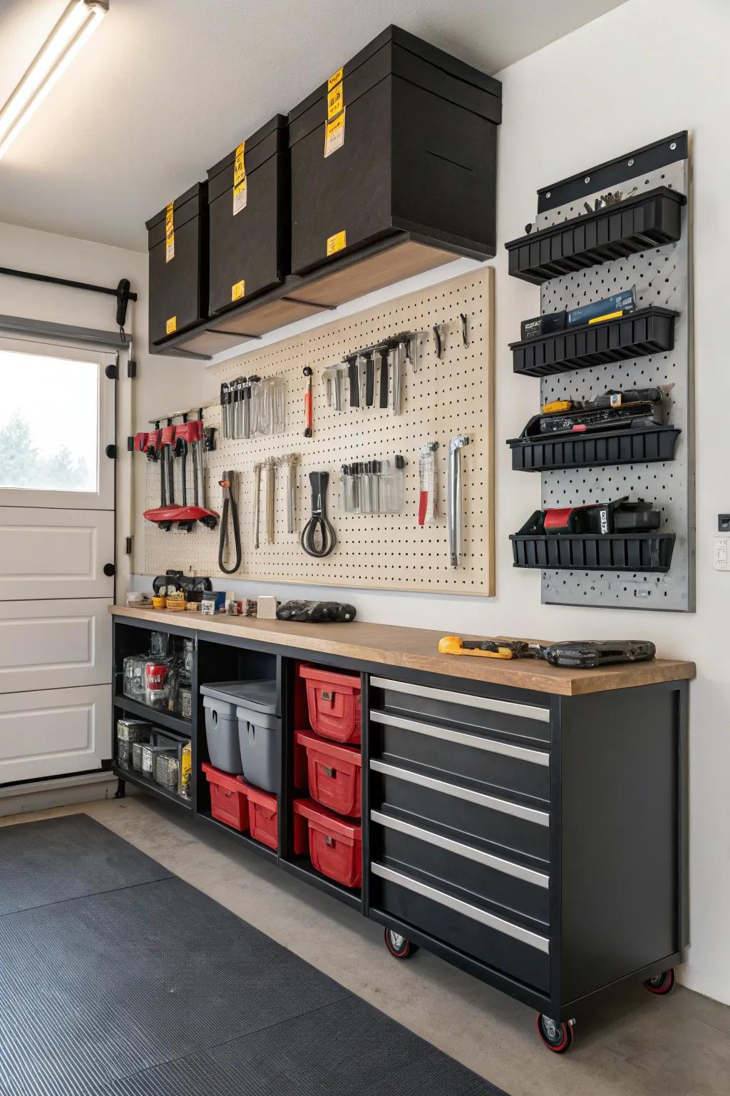 Wall-mounted shelves keep your garage tidy and efficient.