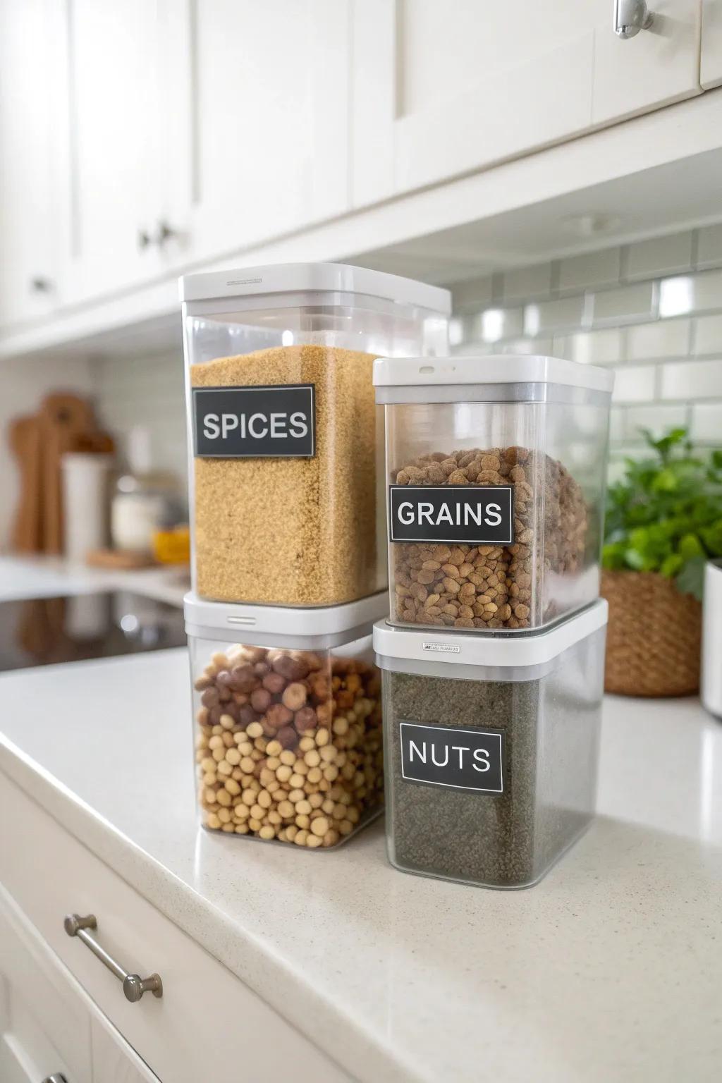 Clear containers and labels simplify ingredient identification.