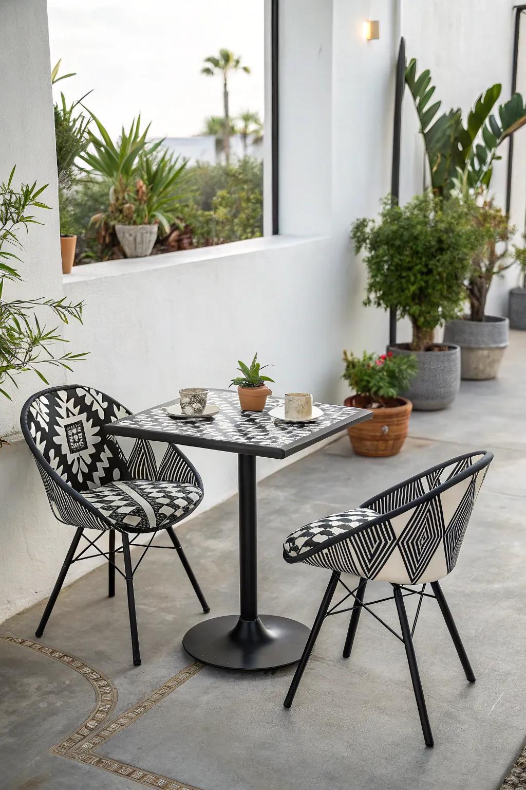 Geometric patterns combine modern style with outdoor comfort.