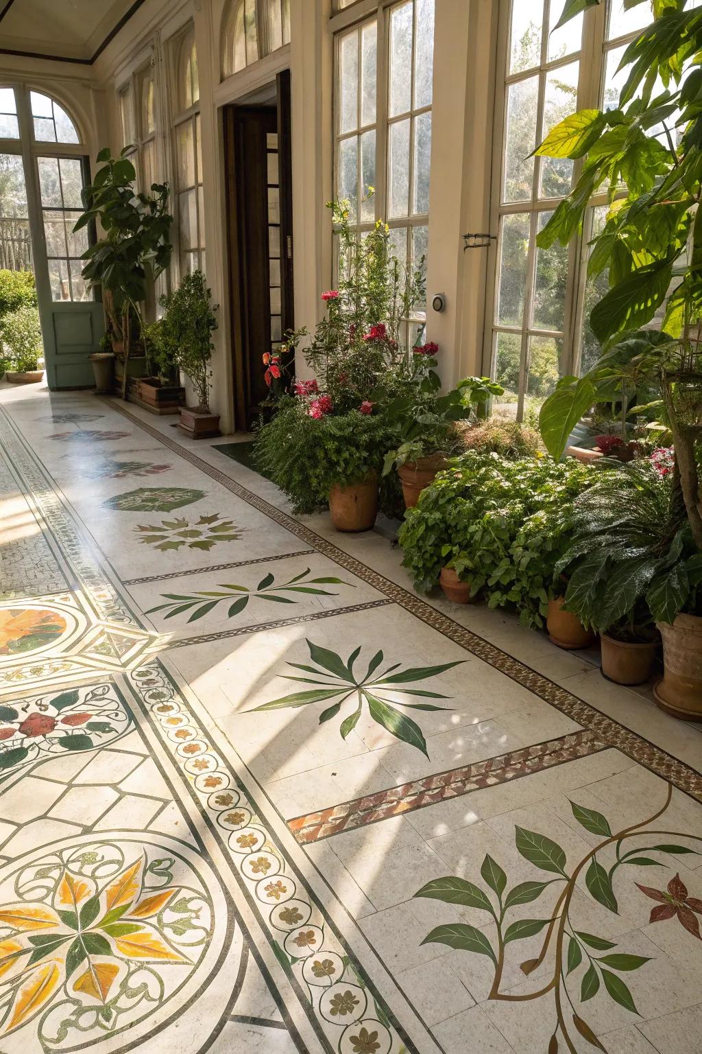 A sun-soaked space with flooring showcasing nature-inspired patterns, enhancing the area's tranquility and sophistication.