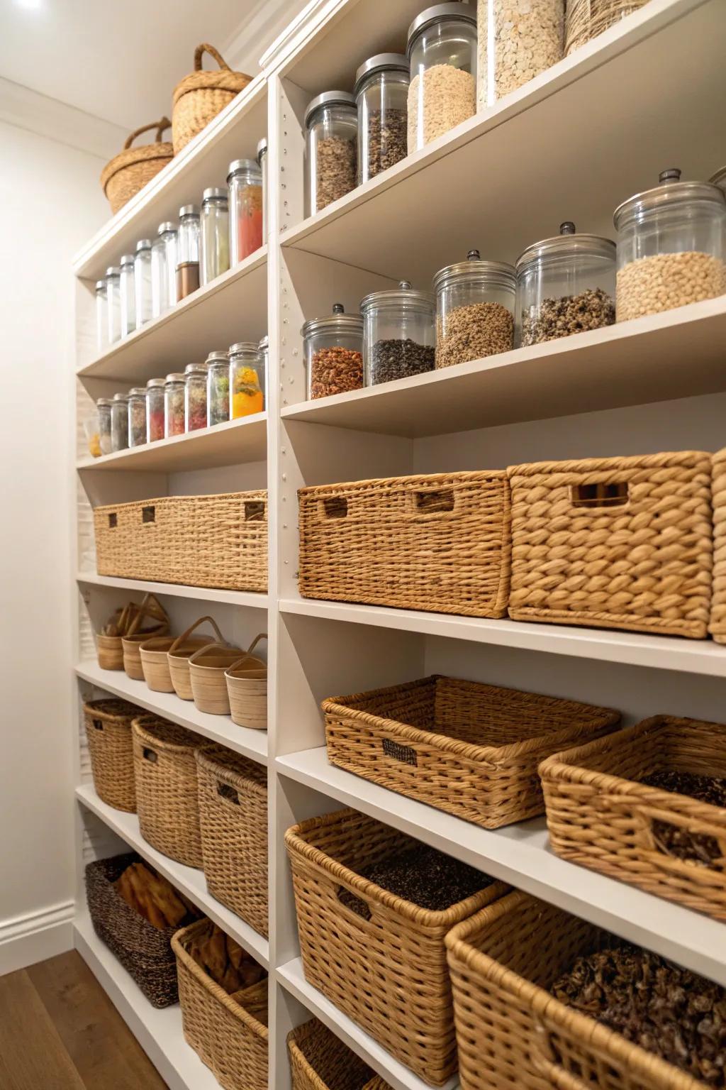 Wicker baskets on pantry shelves offer both organization and aesthetic appeal.