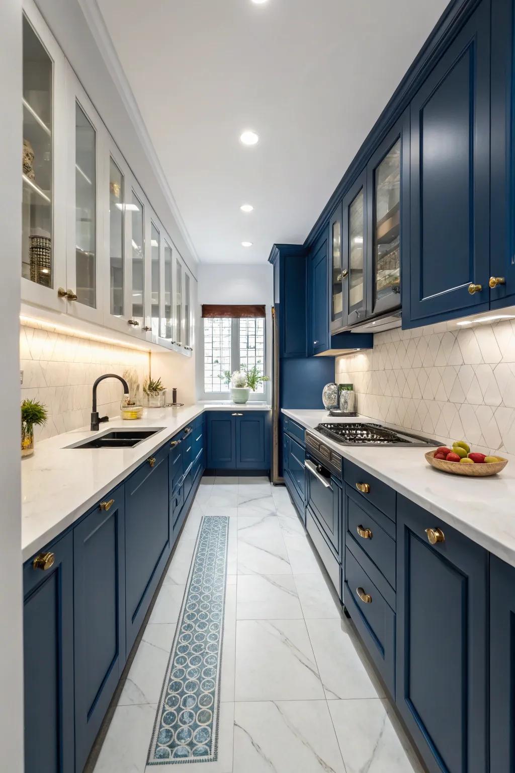 Bold colors bring life and vibrancy to a parallel kitchen layout.