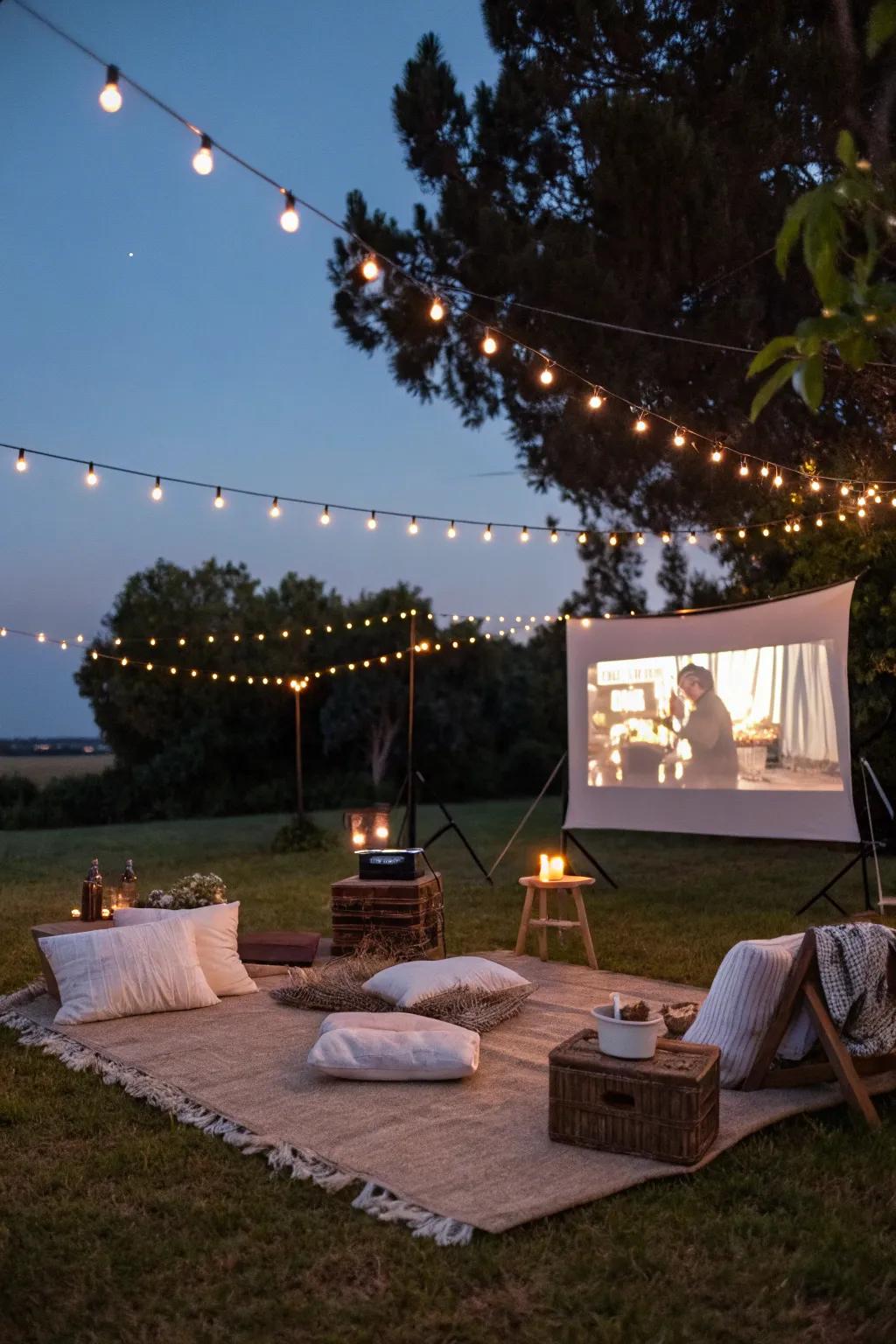 A cozy outdoor movie night setup with string lights and comfy seating.