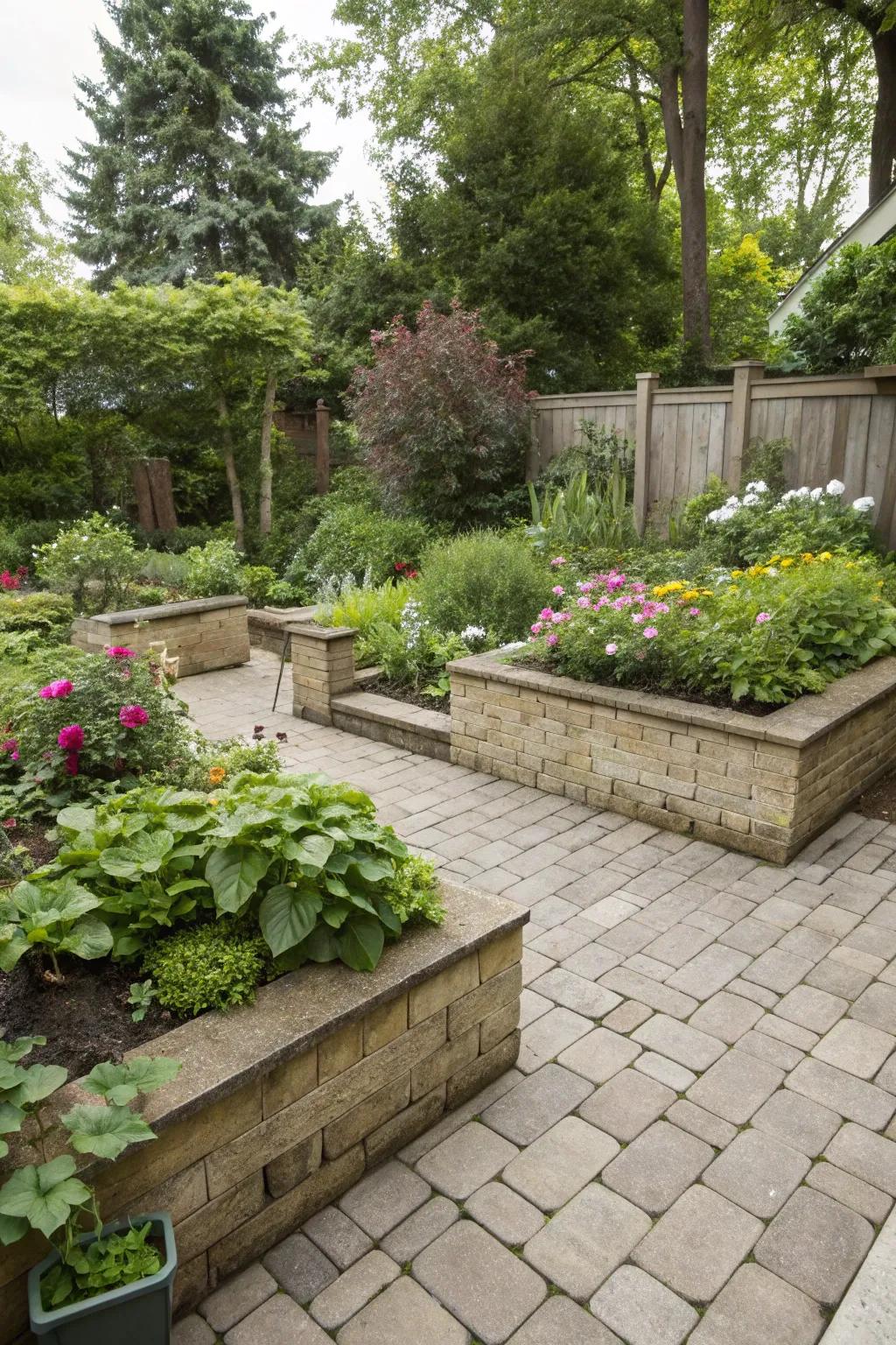 A paver patio harmoniously integrated with garden beds, offering a seamless transition into nature.