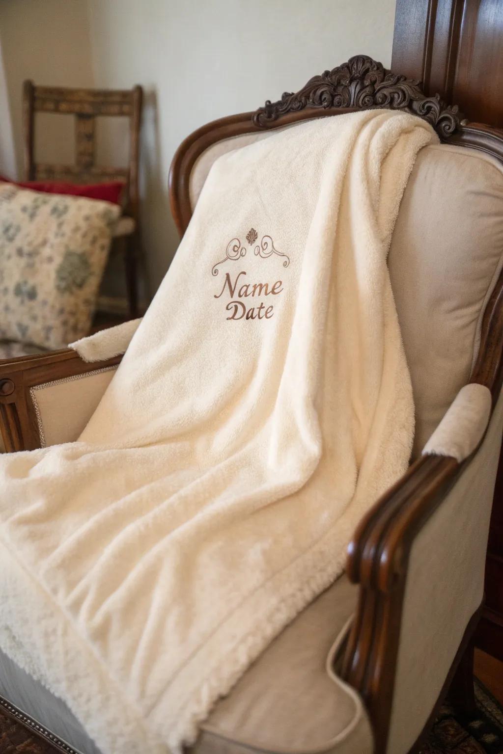 A soft blanket with elegant name and date embroidery, perfect for commemorating special occasions.