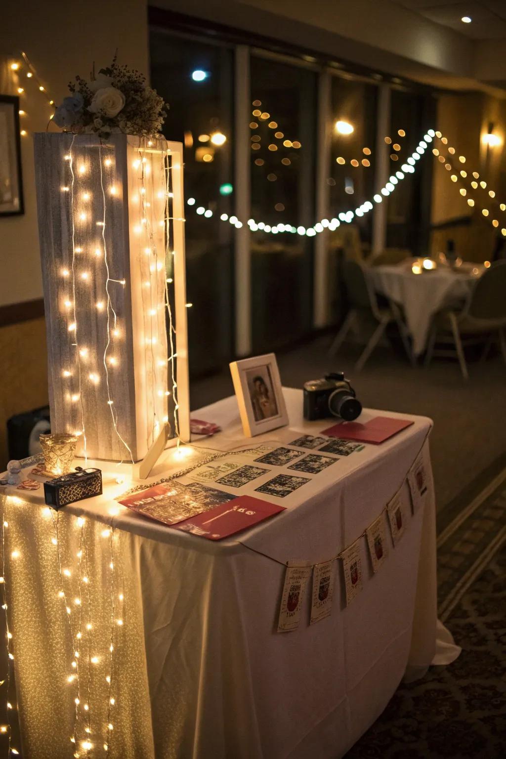 Suspended lights introduce an enchanting aspect to your photo booth arrangement.