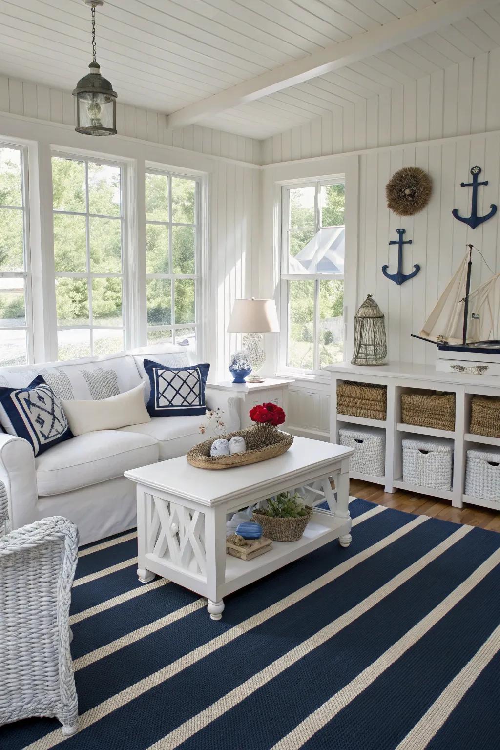 Blue stripes add a seaside touch to this welcoming living space.