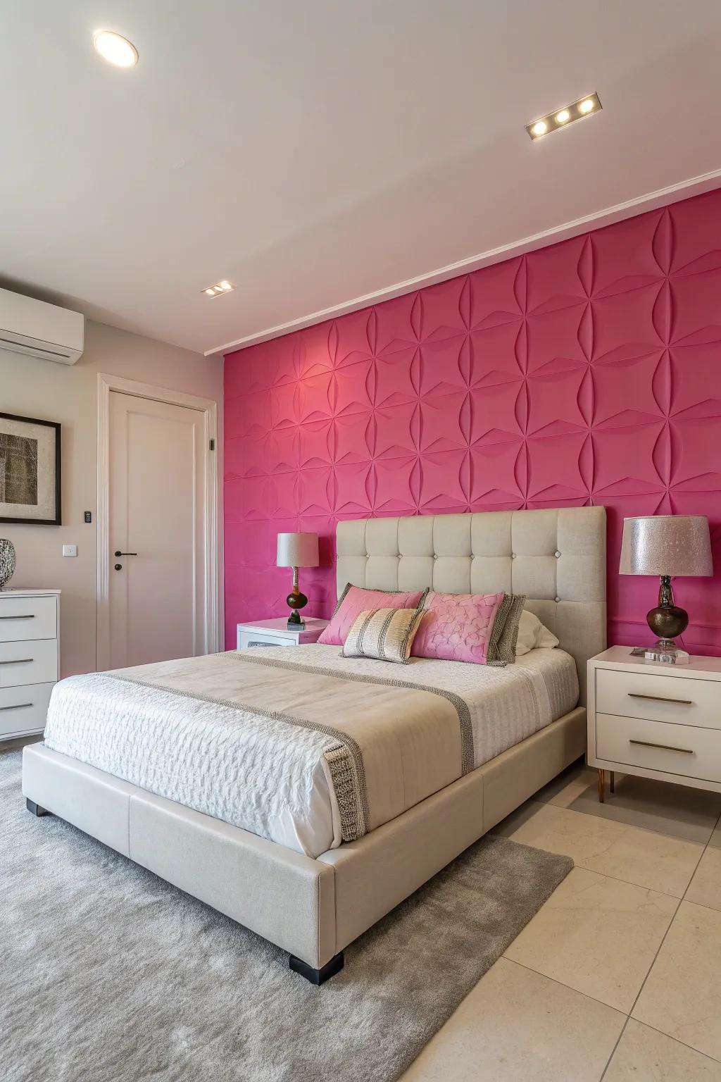 A vibrant pink accent wall complements the modern aesthetic of this bedroom.