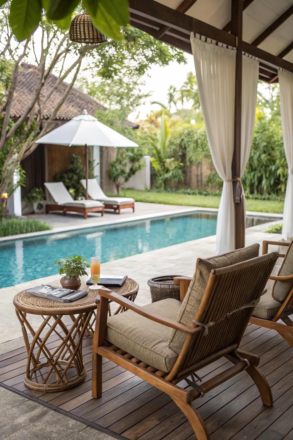 Relax stylishly with an inviting outdoor seating spot adjacent to the pool.