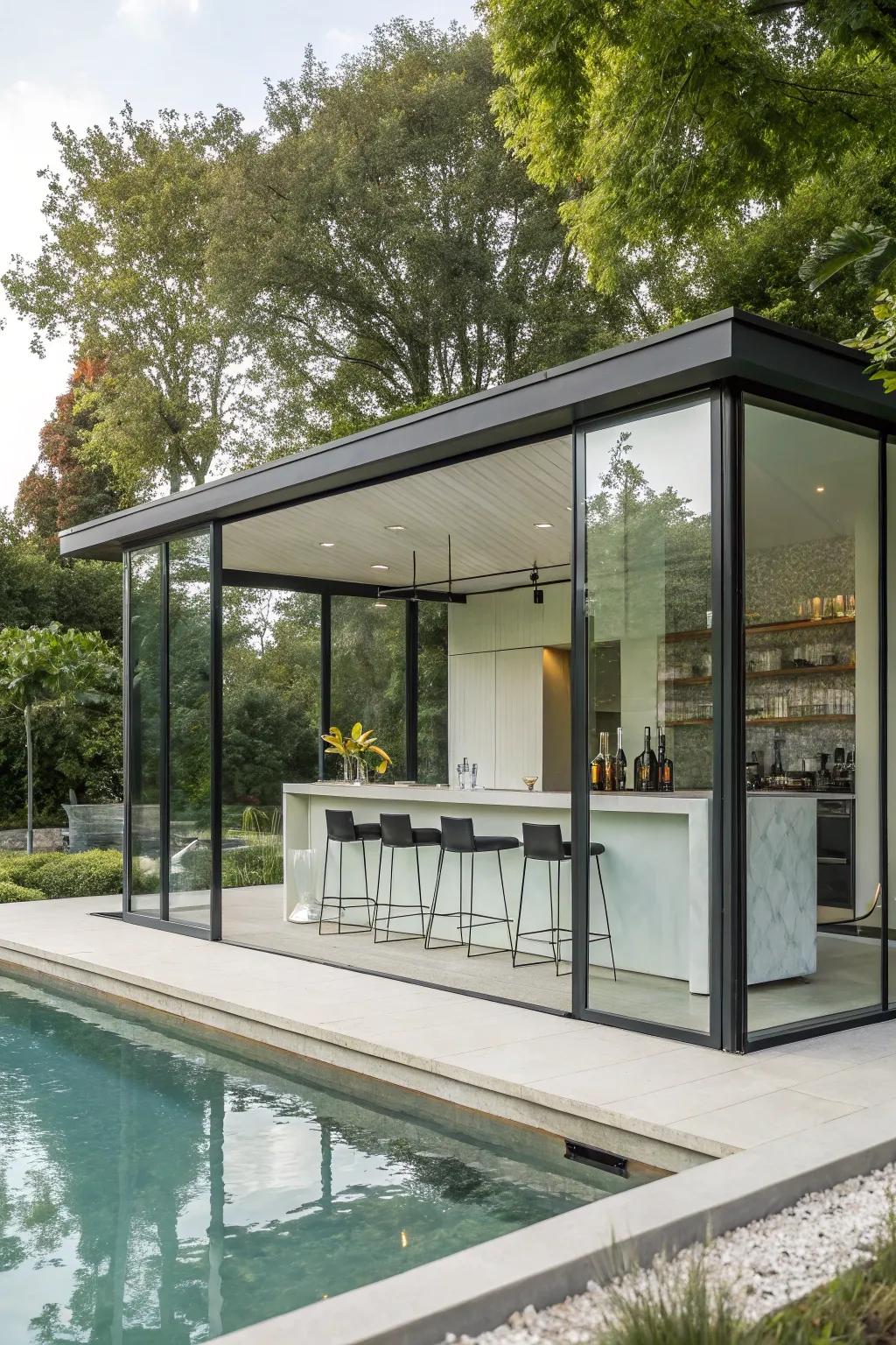 A modern glass pavilion pool house makes a bold statement.