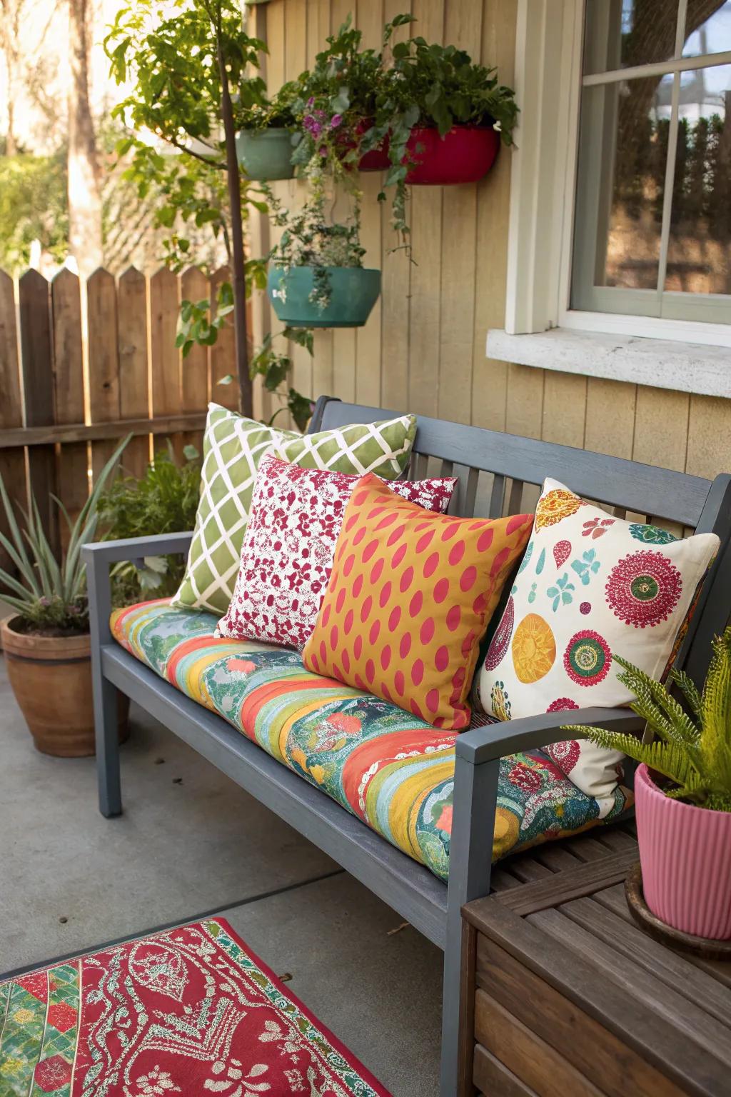 Vibrant pillows breathe life into a straightforward veranda bench.