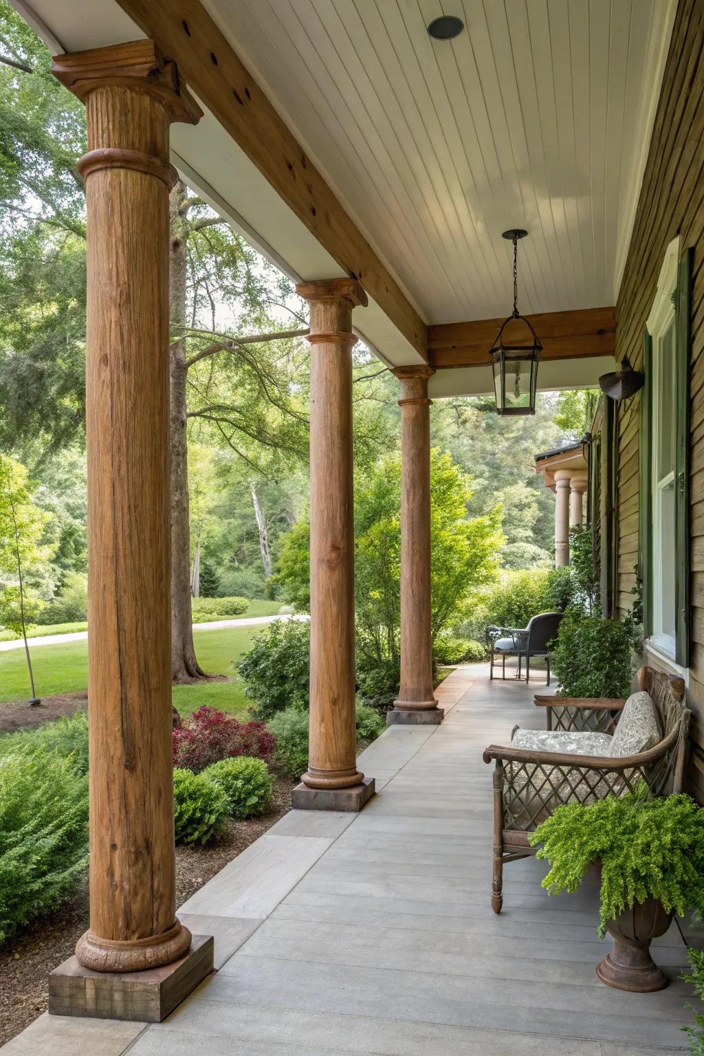 Rustic wooden pillars bring a touch of nature to your porch.