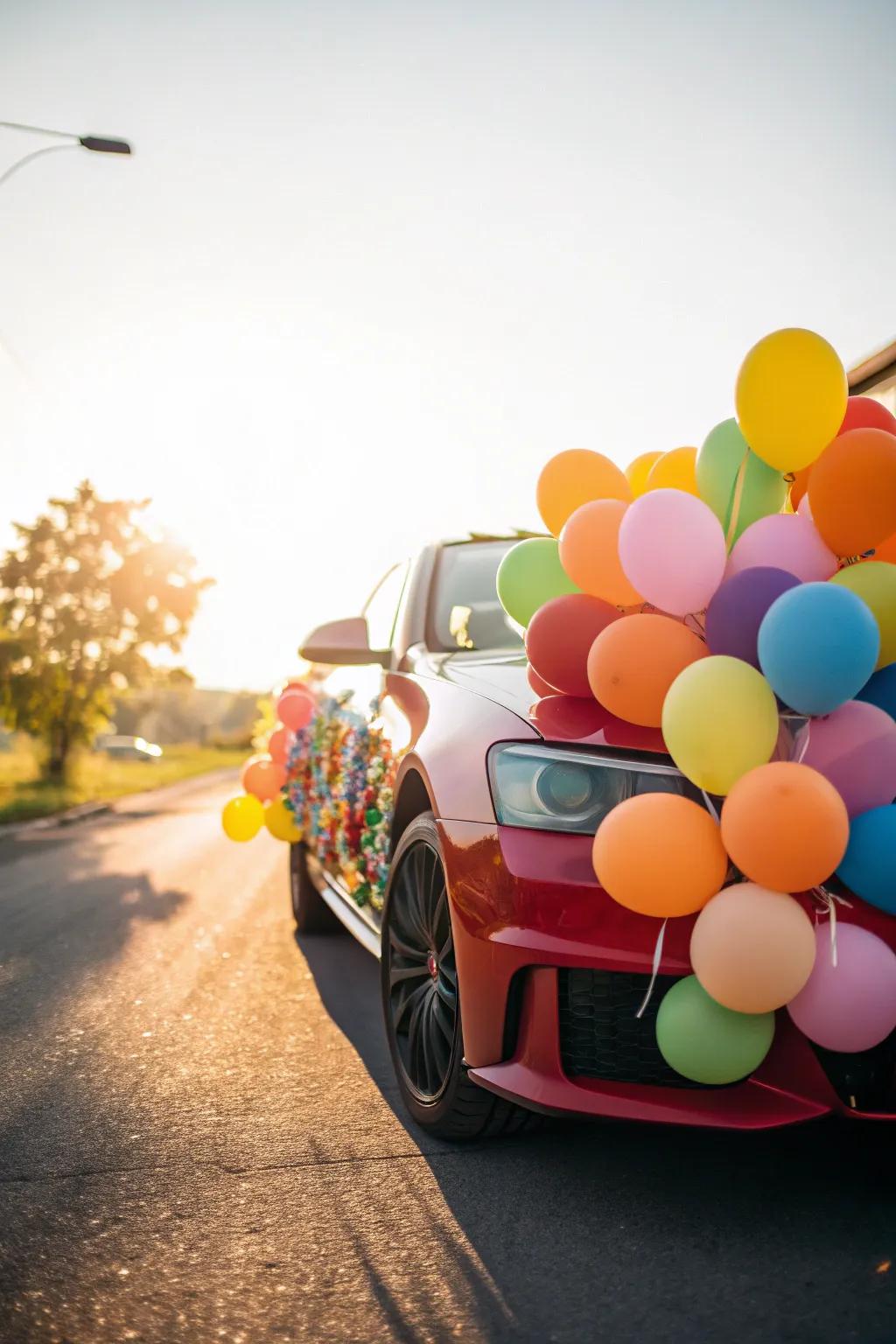 An array of balloons delivers a cheerful vibe to the newlyweds' departure.