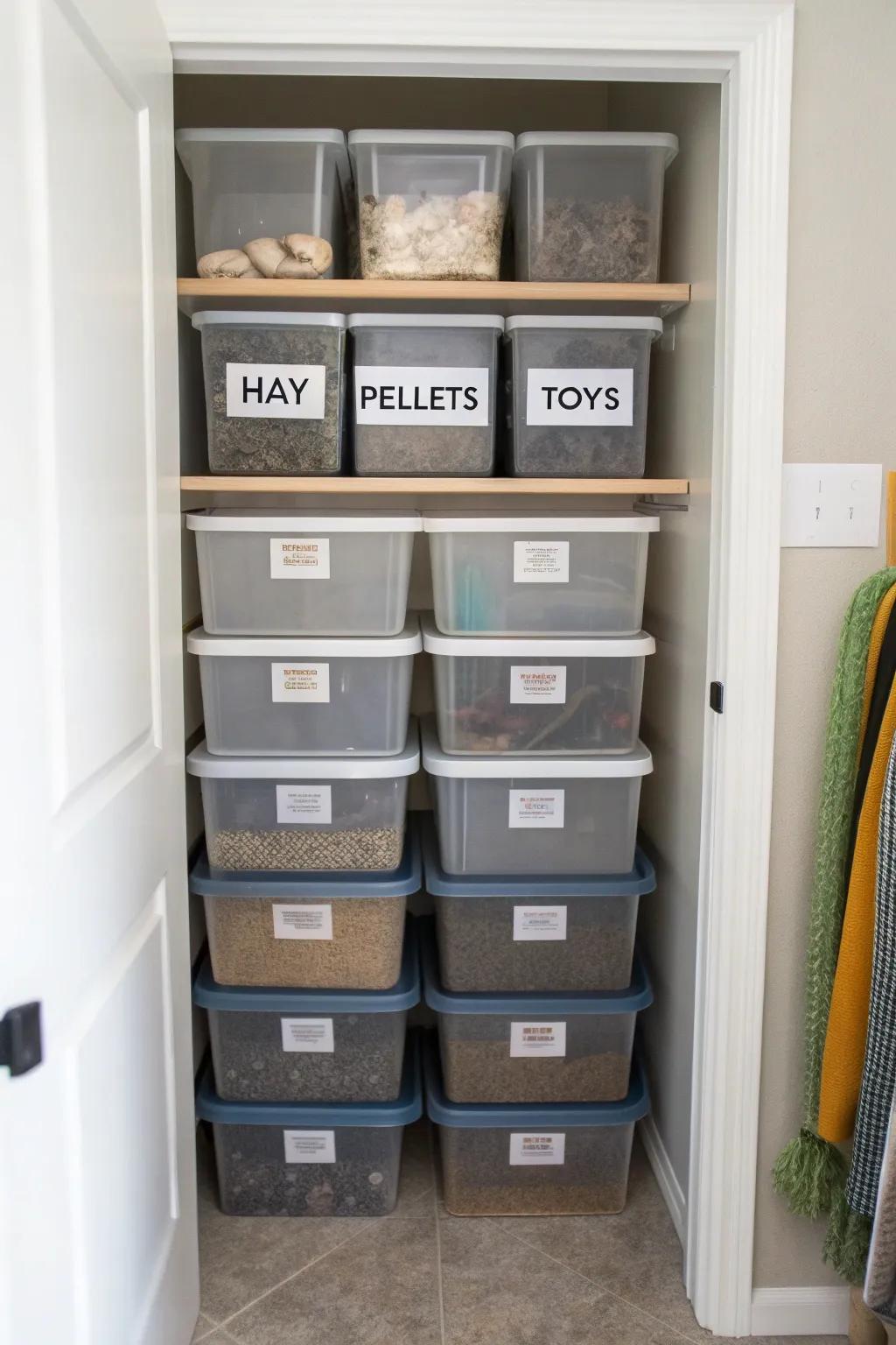 Stacked storage bins labeled for easy organization of rabbit supplies.