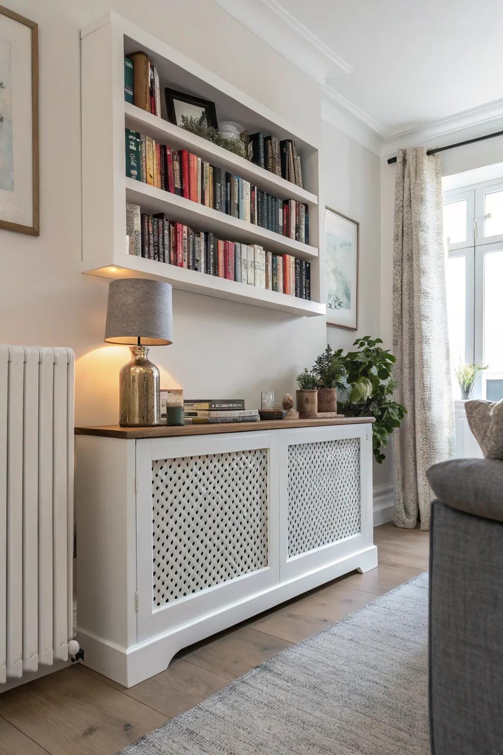 A radiator cover with a shelf creates extra space for books and decor.