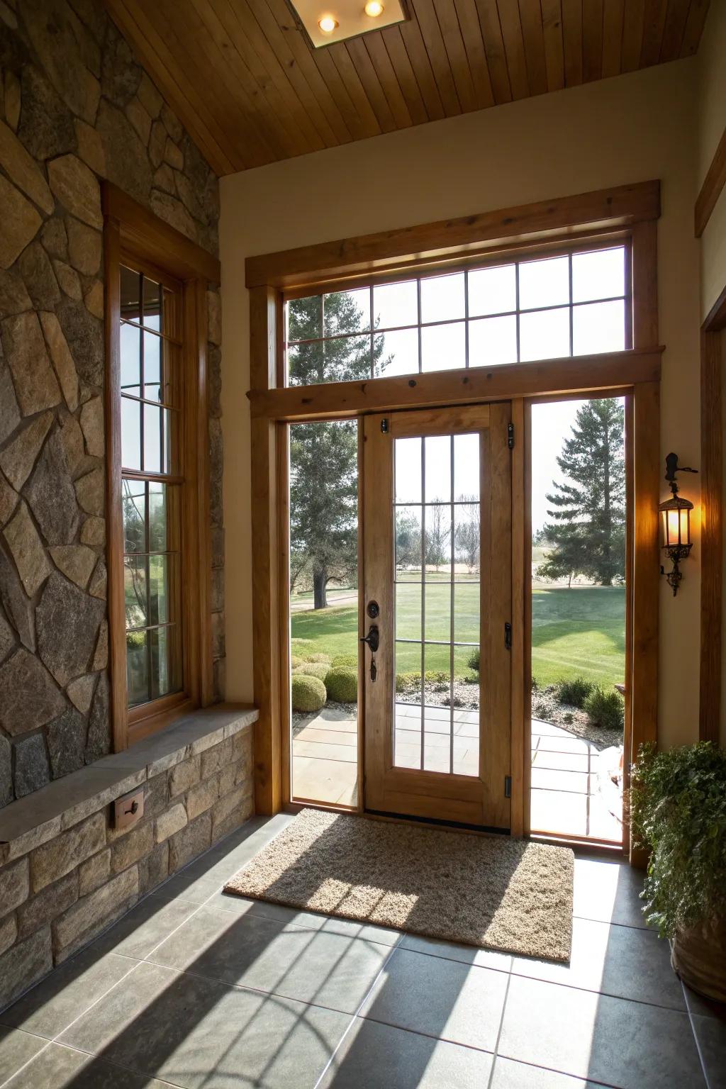 A stylish door with glass panels brightens the entryway and adds a touch of class.
