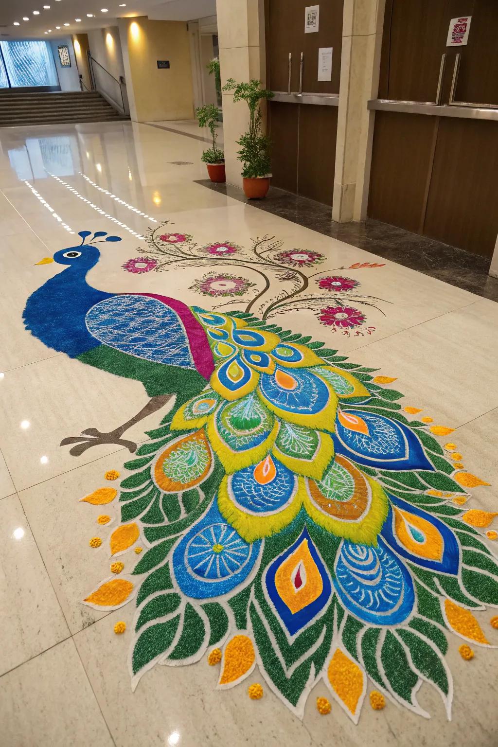 The magnificent peacock design dominates this stunning rangoli.