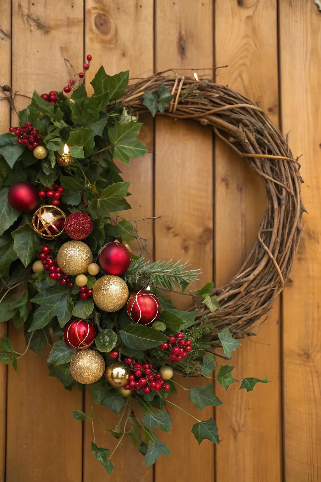 Countryside appeal with branches and festive ornaments.