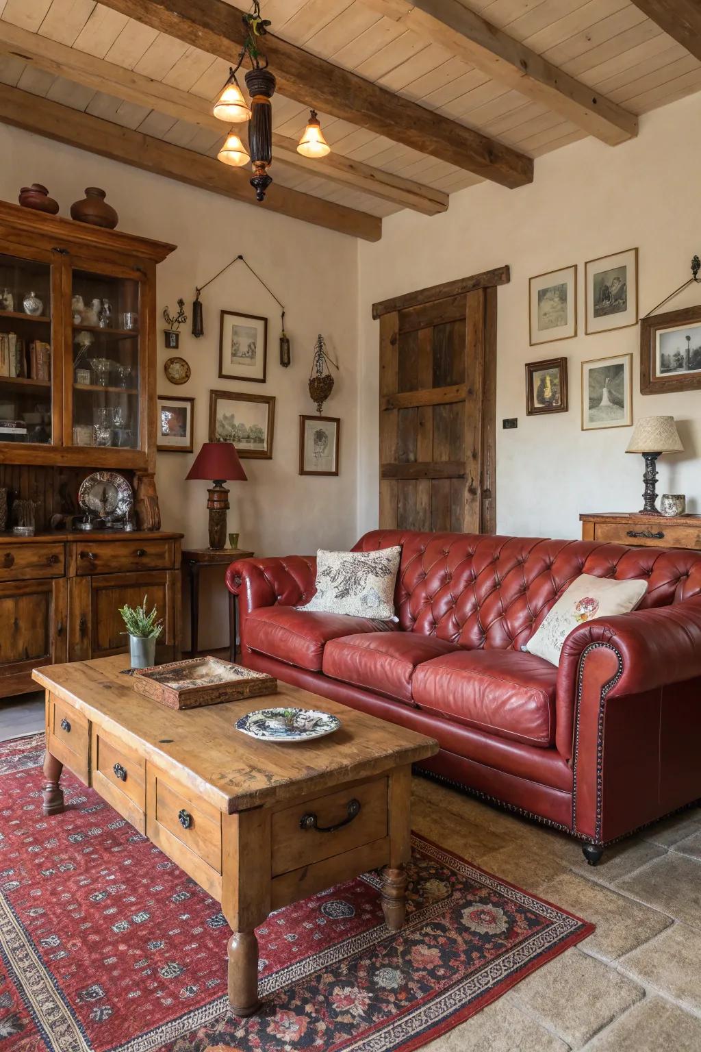Timber components lend affability and allure to a country setting that boasts a scarlet hide sofa.