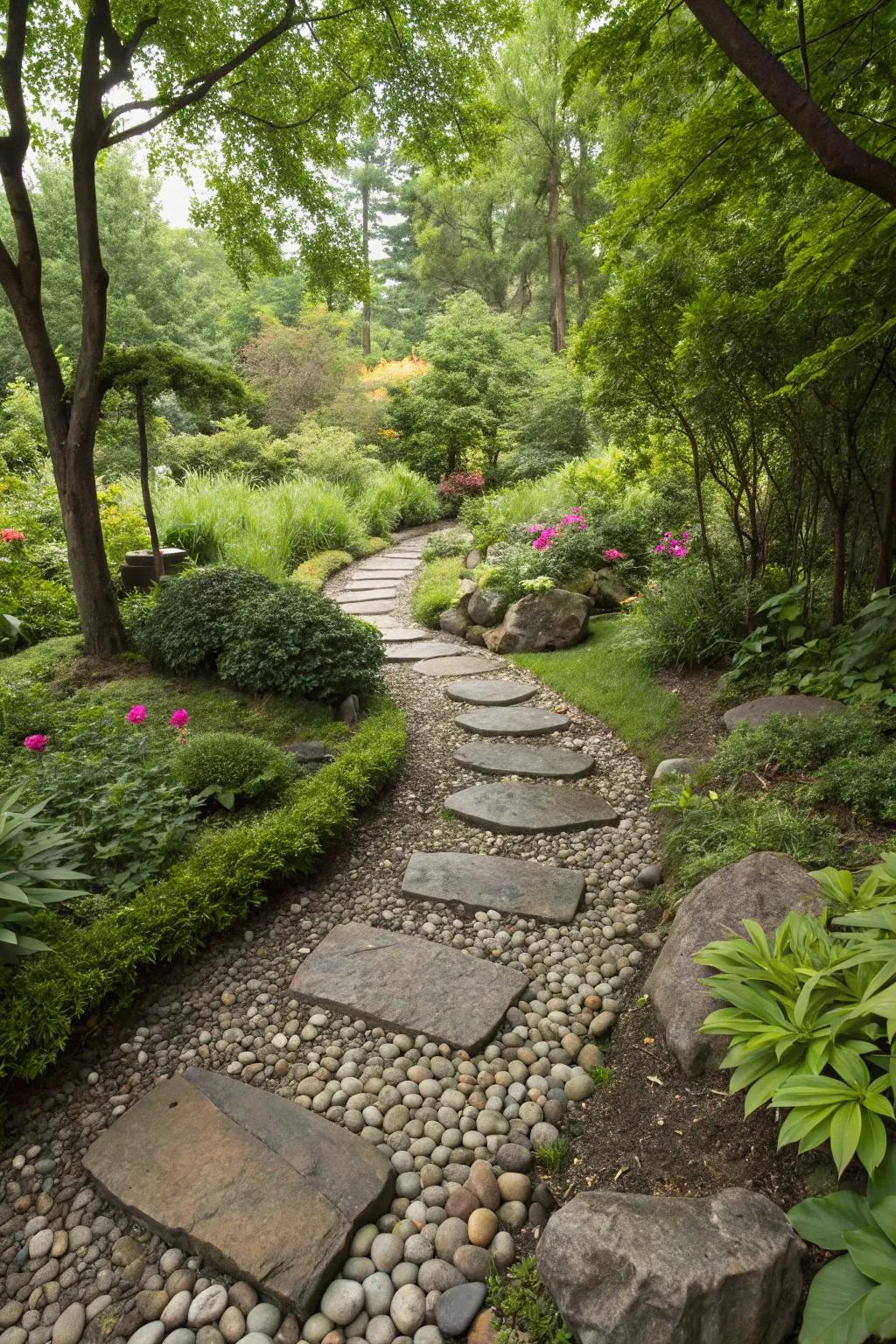 Invite exploration with a beautiful river rock pathway.