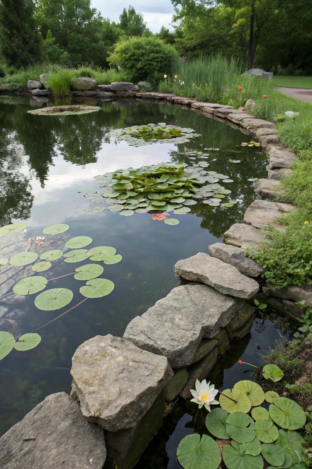 A serene rock-bordered pond with lily pads and gentle ripples.