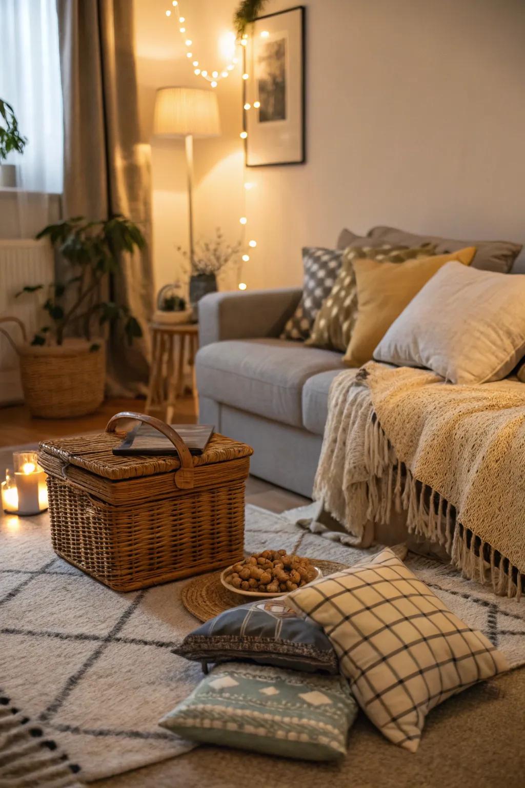 An indoor picnic offers a casual yet romantic vibe.