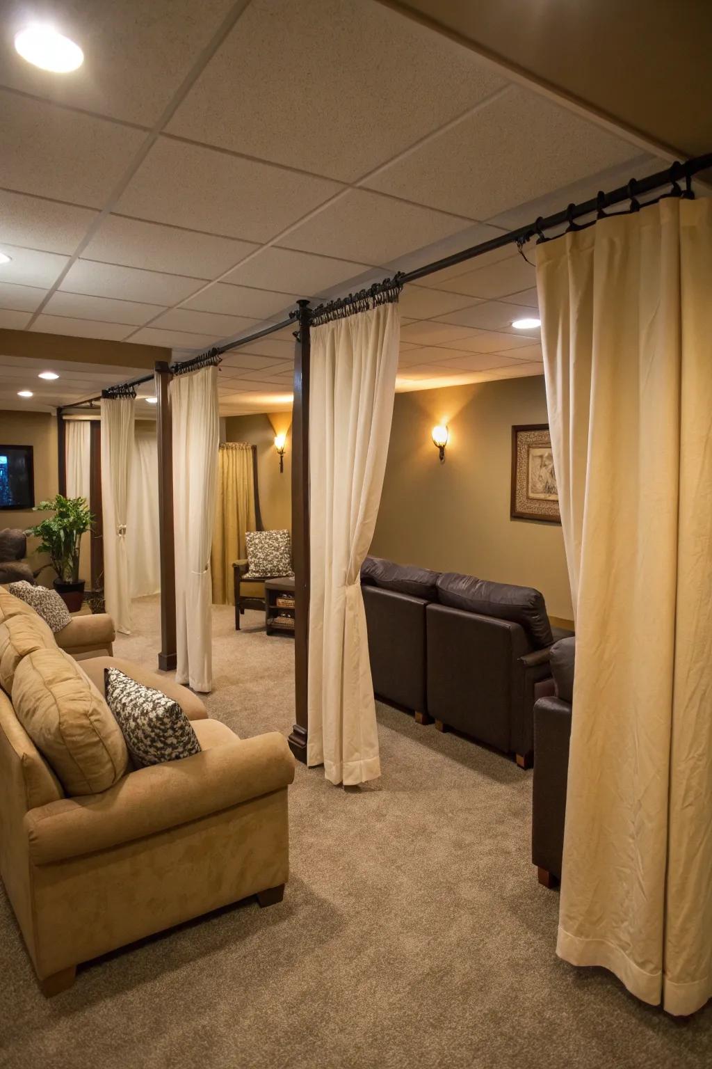 Curtains offer a flexible and stylish way to divide basement spaces.