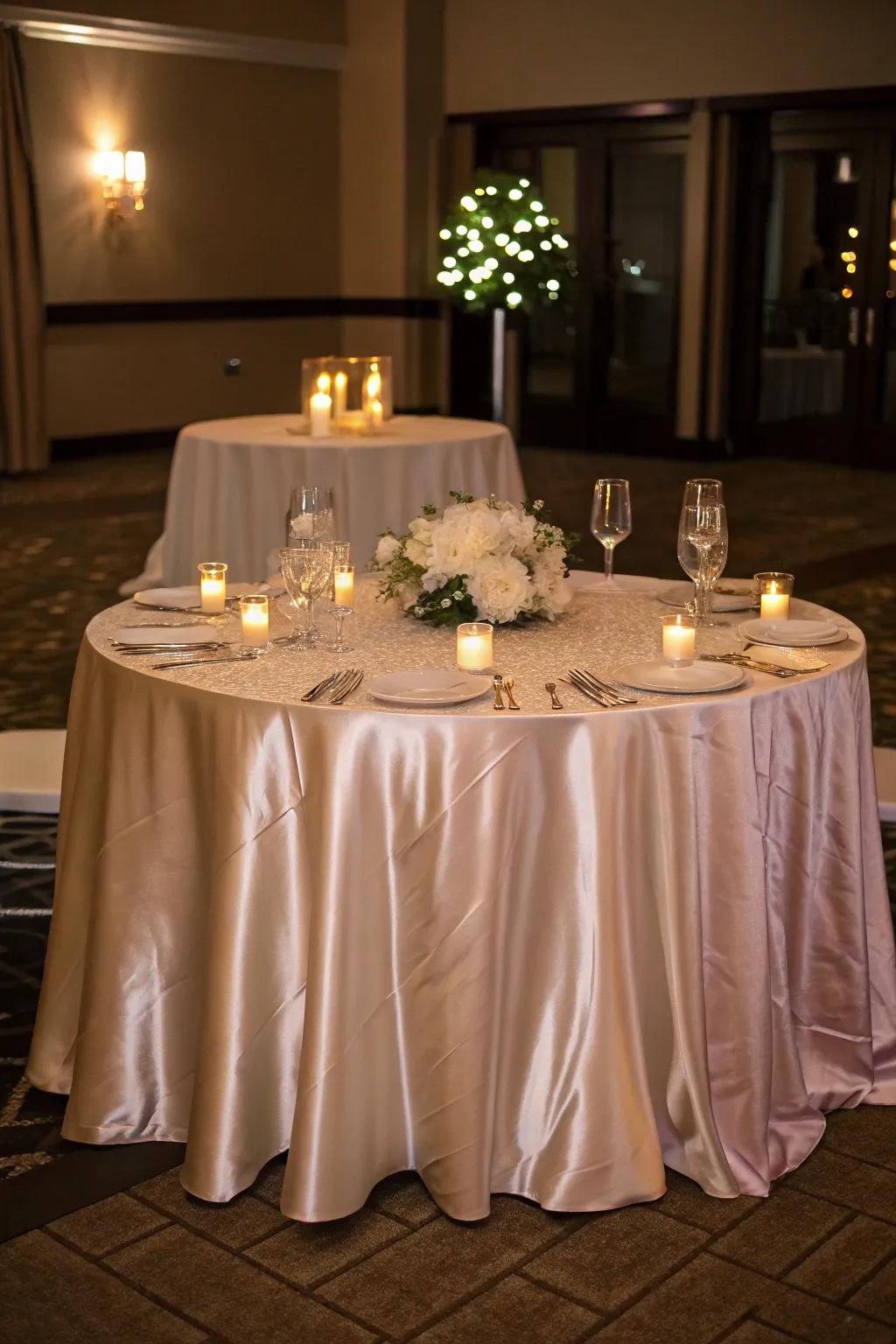 Shimmering satin tablecloth creating an elegant atmosphere.