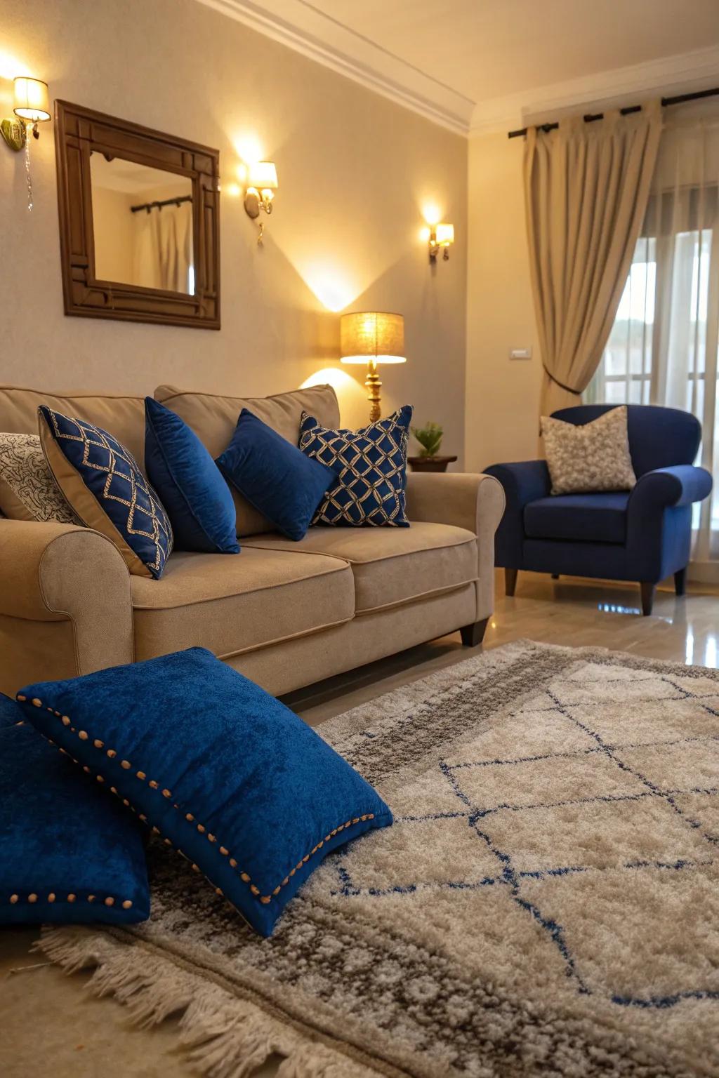 Sumptuous fabrics in sapphire tones introduce warmth and flair to your lounge.