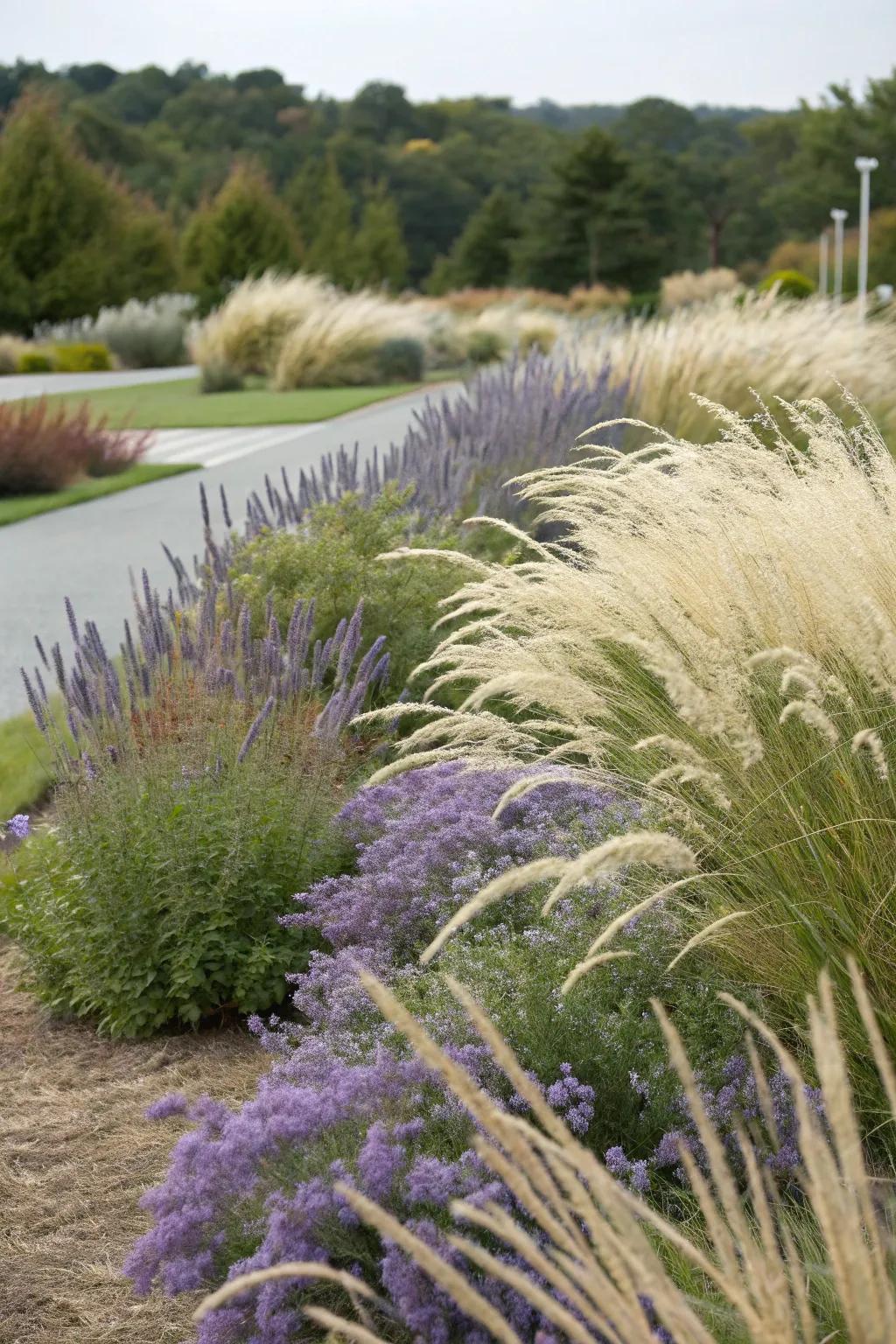A textural garden delight with Russian sage and ornamental grasses dancing in the breeze.