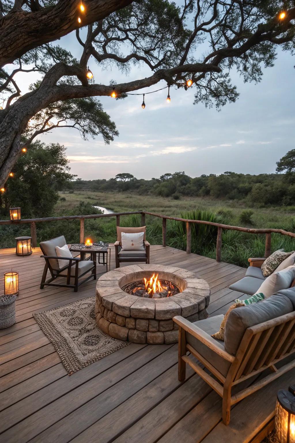 The bonfire space serves as an inviting gathering spot on this country-style veranda.