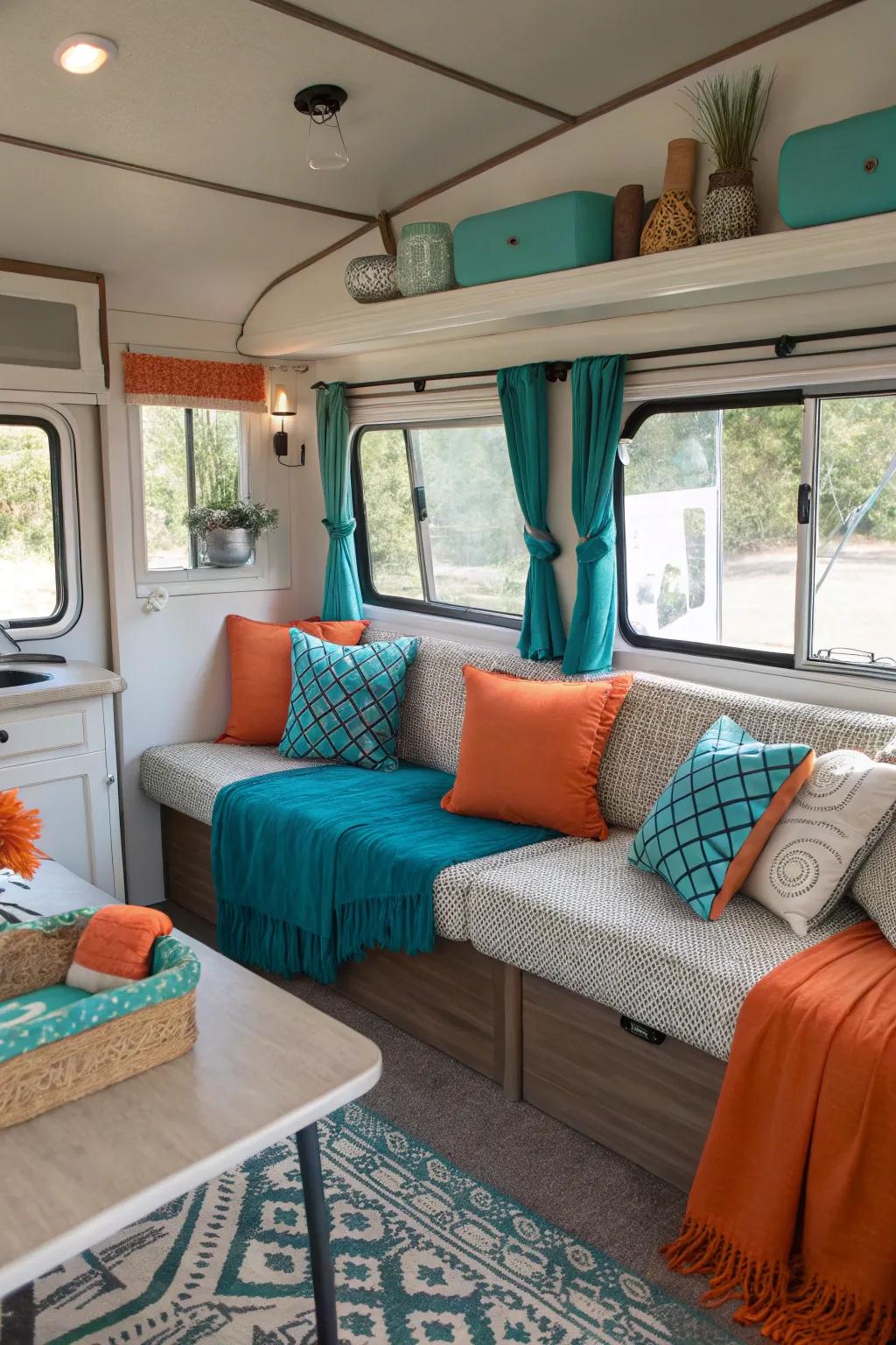 Bold teal and orange accents bring life to this RV living area.