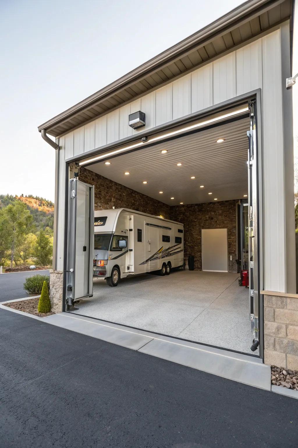 Throughway in an RV garage providing smooth access and ease.