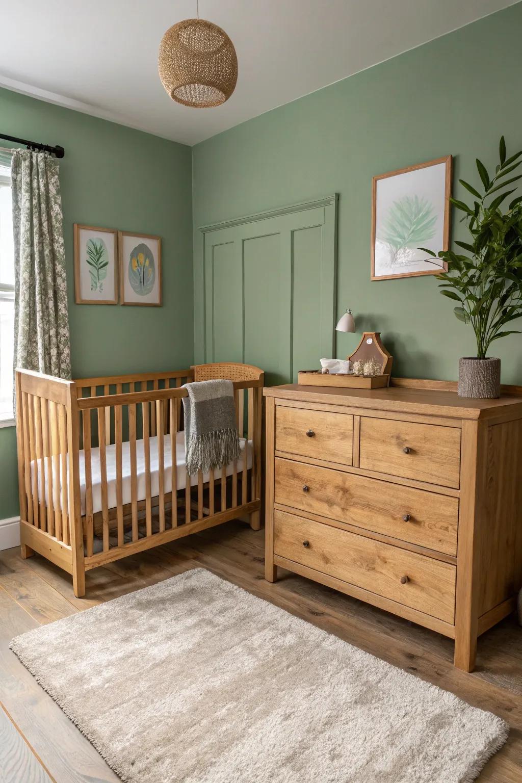 Natural wood furniture perfectly complements sage green walls.