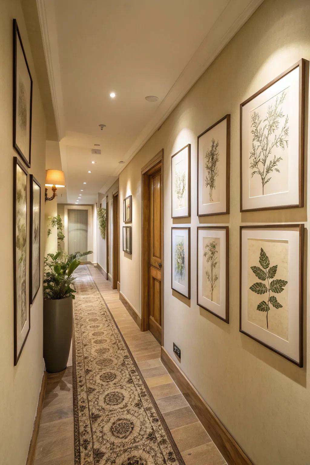 A hallway with a gallery wall of simple botanical prints and neutral decor