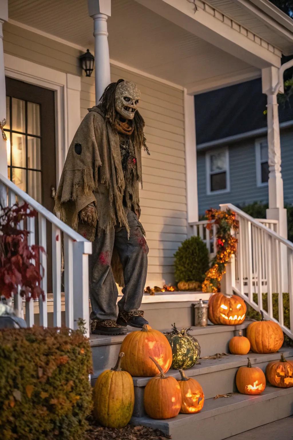 A towering scarecrow stands guard over a Halloween-themed porch.