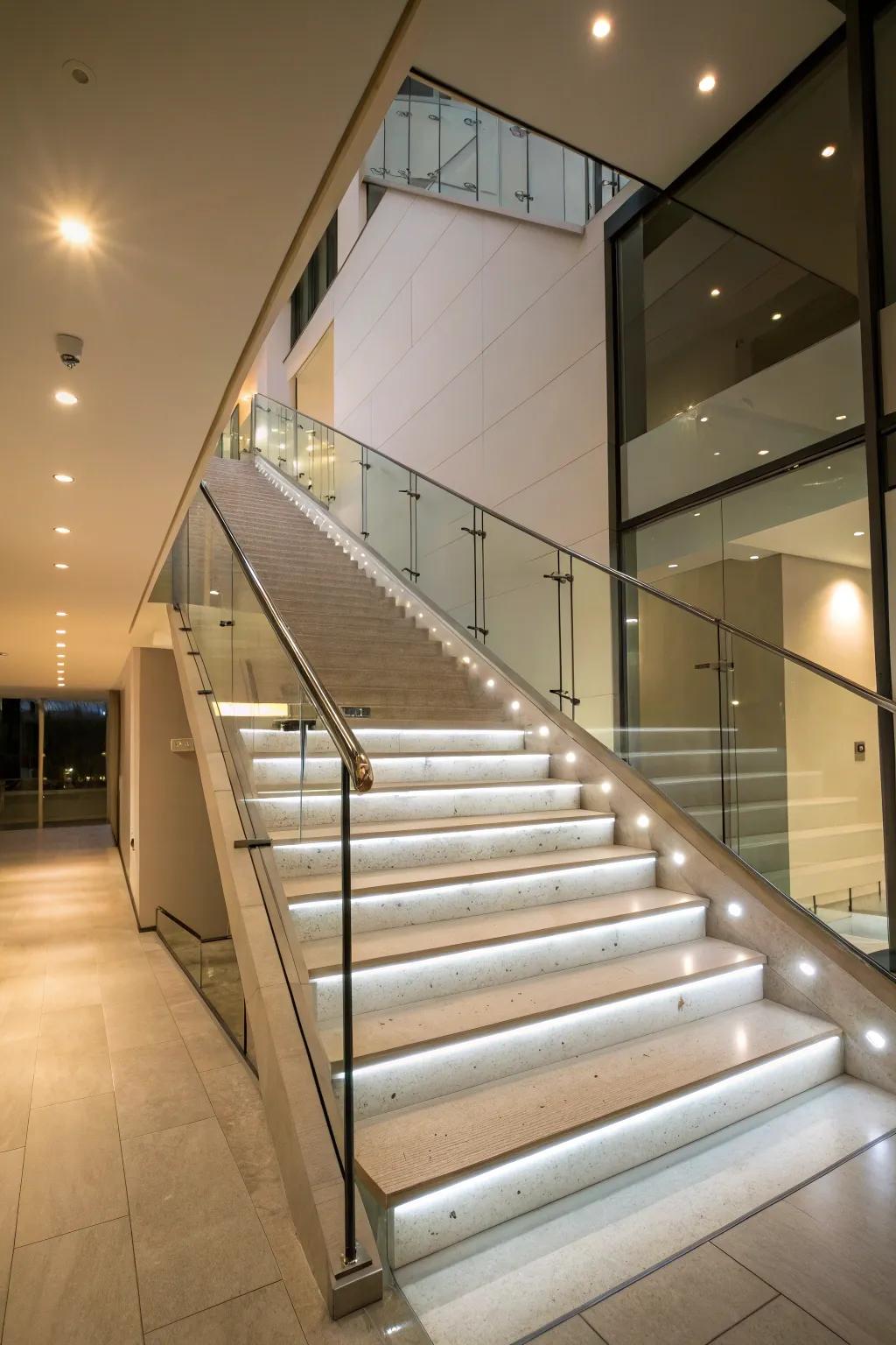 A minimalist staircase with glass railings and ambient lighting.