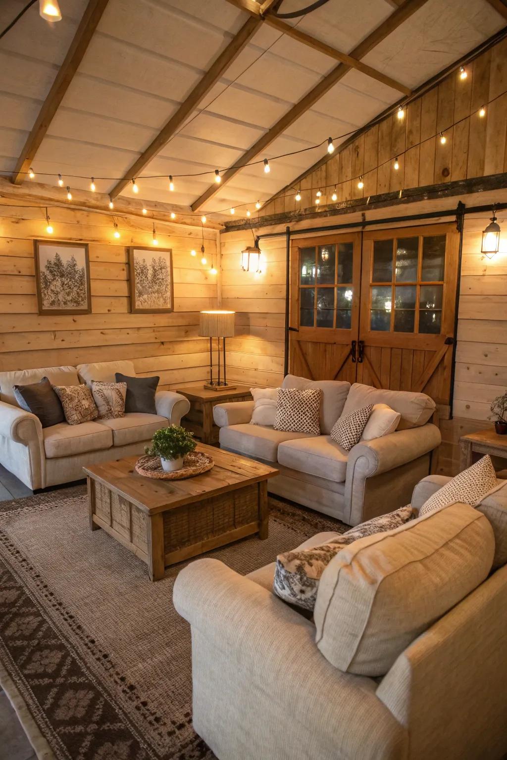 A cozy living area in a shed home with plush seating and soft lighting.