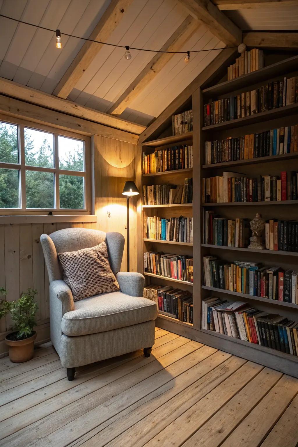 A shed turned into a tranquil reading nook, perfect for enjoying a quiet moment with a book.