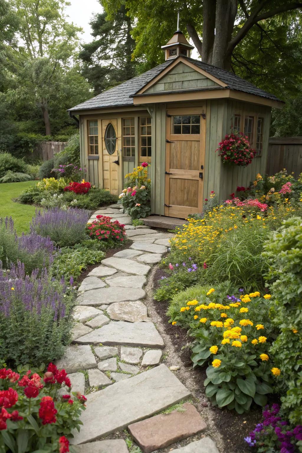 A garden shed becomes the star attraction with pathways guiding the way.