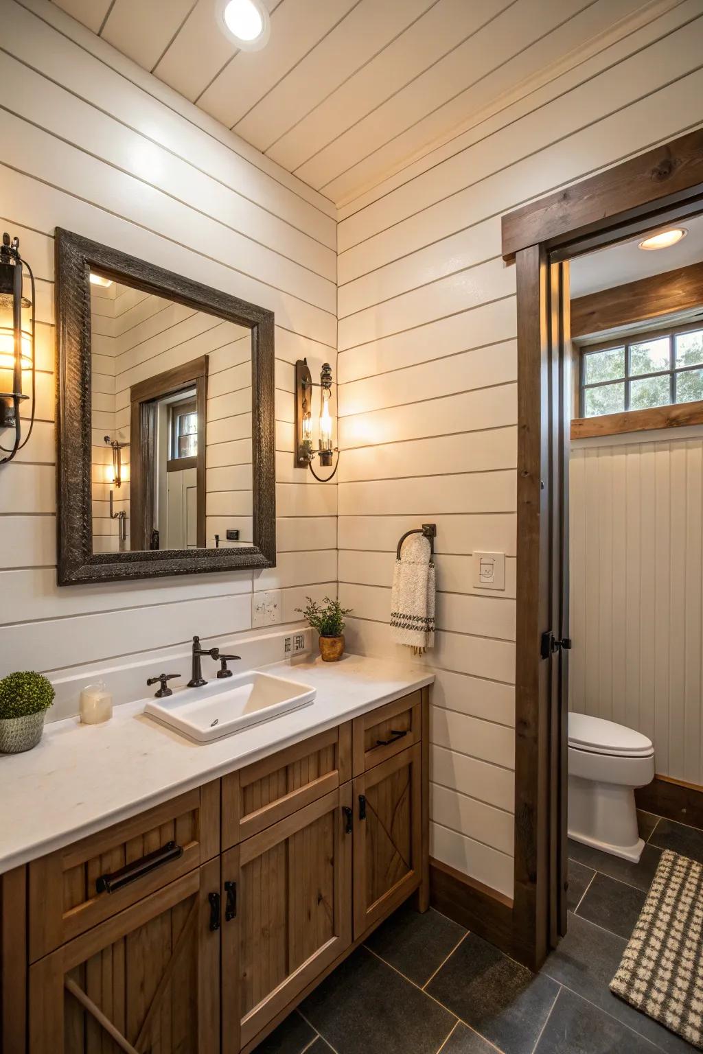 A cozy bathroom with vertical shiplap walls that enhance height.