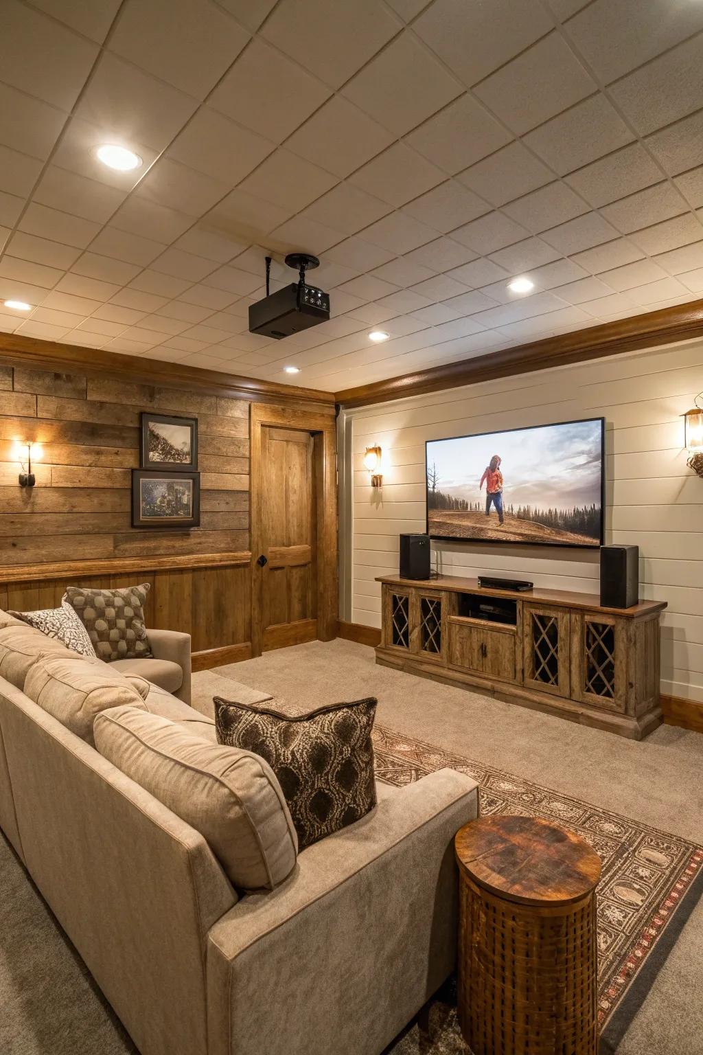 Entertainment hub with shiplap adding to the ambiance.