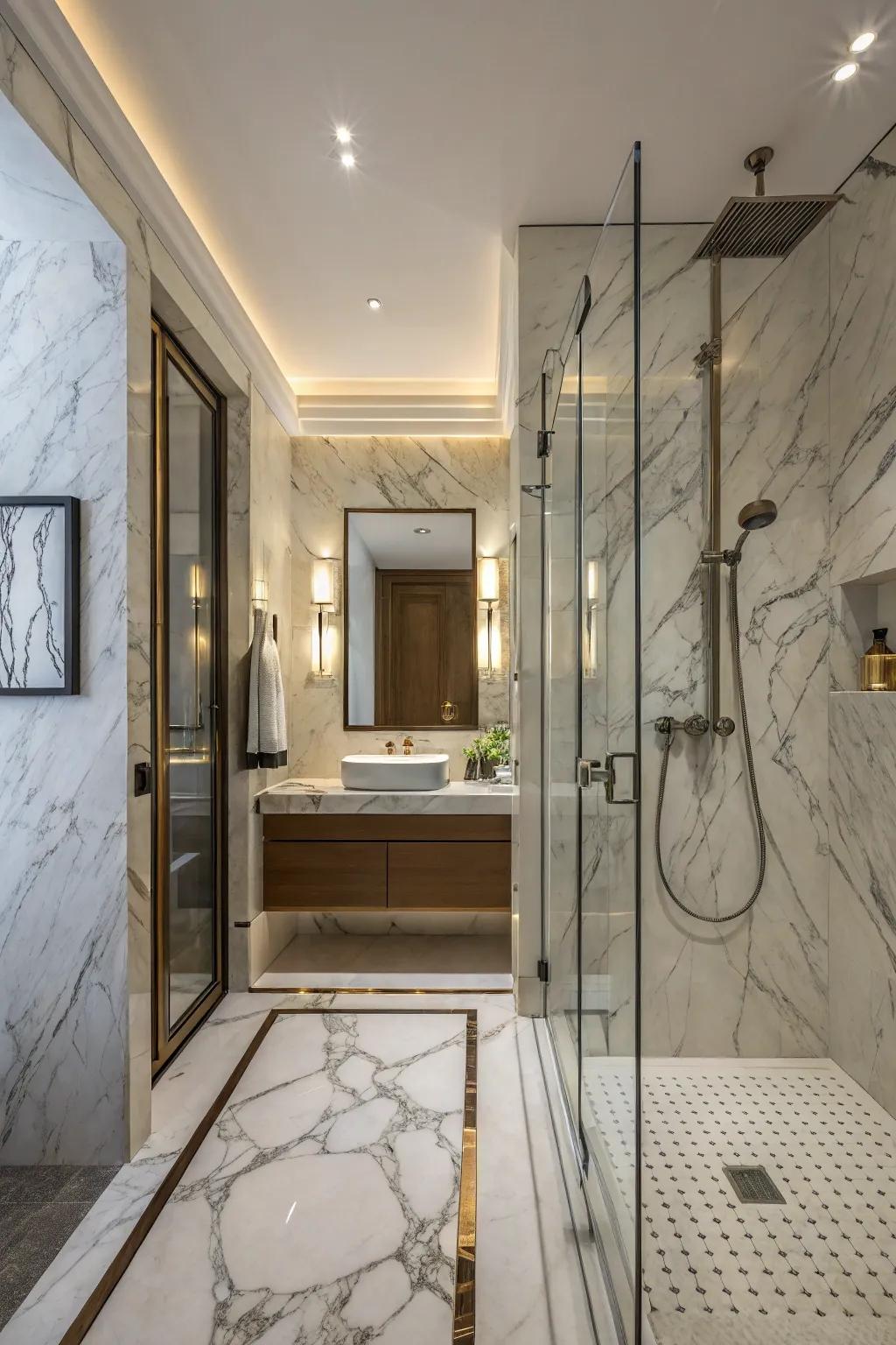 Marble walls infuse your shower with timeless elegance.