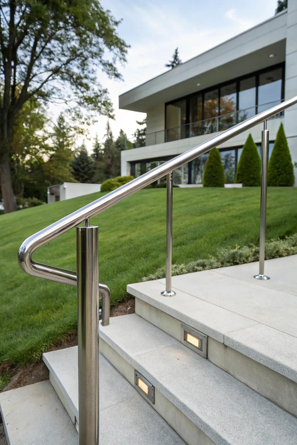 A streamlined metallic handrail introduces a contemporary touch to outdoor steps.