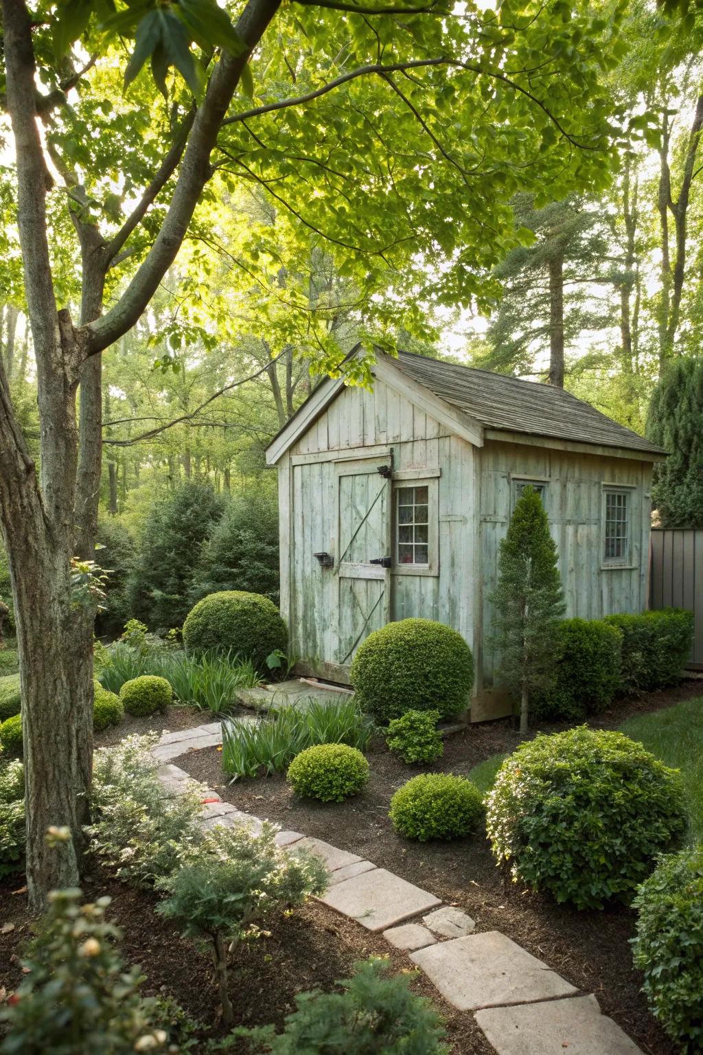 Shrubs and small trees add depth and texture to your shed's surroundings.