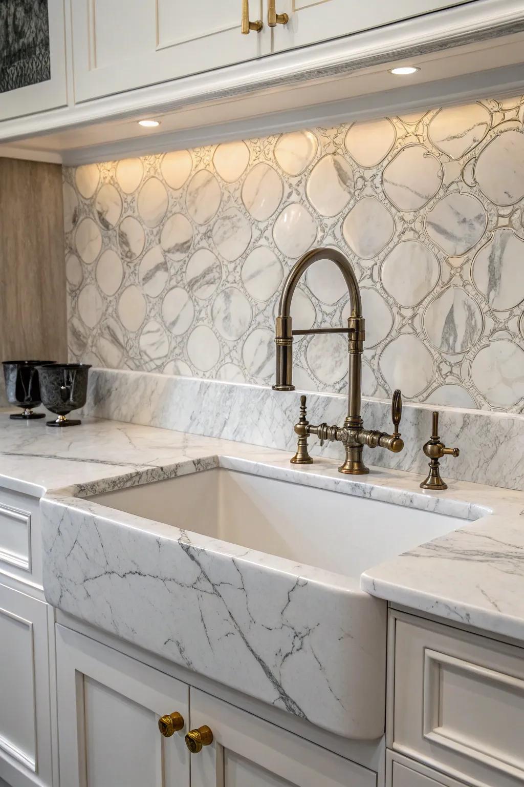 Sophisticated marble backsplash elevates the kitchen's elegance.